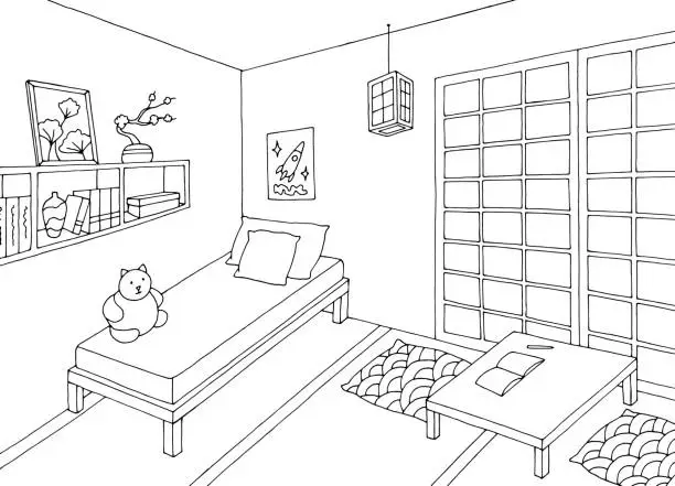 Vector illustration of Children room asia style graphic black white home interior sketch illustration vector