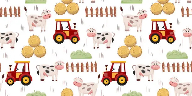 Vector illustration of Agricultural farm background with a cute cow and tractor