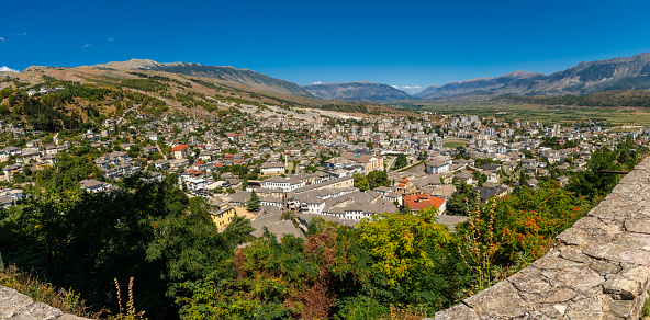 Panoramic of the city from the viewpoint of the fortress of the Ottoman castle of Gjirokaster or Gjirokastra. Albanian