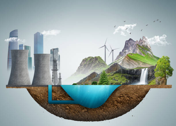 концепция очистн�ых сооружений для очистки и фильтрации воды. природный пейзаж. зеленая энергетика и ветряные турбины. пресноводная река. 3d  - solarenergy стоковые фото и изображения