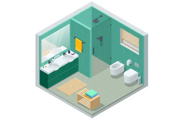 Vector illustration of Isometric modern bathroom interior with a white toilet, mirror, sink, and shower cabin.