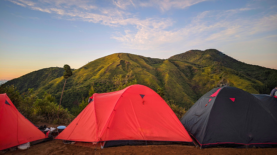 View of the tents set up in the Mongkrang hill area at dawn,location in Karanganyar,Indonesia.