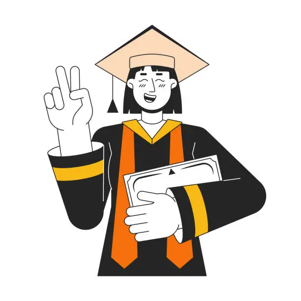 Vector illustration of Student girl in robe and academic cap flat line color vector character
