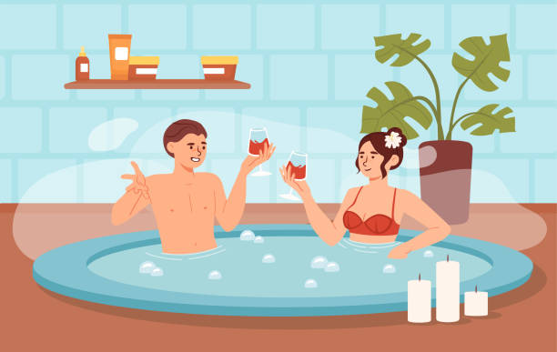 ilustrações, clipart, desenhos animados e ícones de pessoas no conceito de vetor de jacuzzi - couple hot tub spa treatment health spa