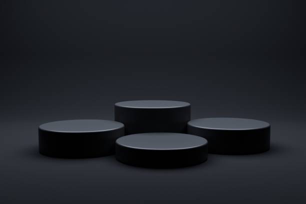 하얀 방 배경에 있는 현대 플랫폼 스탠드 연단 디스플레이. 빈 제품 선반 또는 전시 무대 배경 3D 렌더링용. 스톡 사진