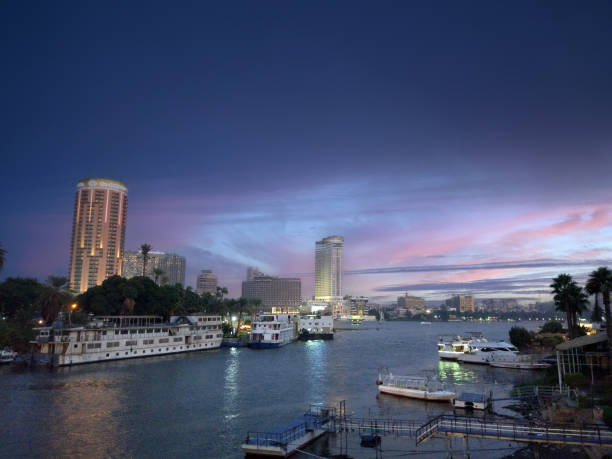 Magical panoramic view for Nile River at Cairo City skyline dusk time, Cairo, Egypt