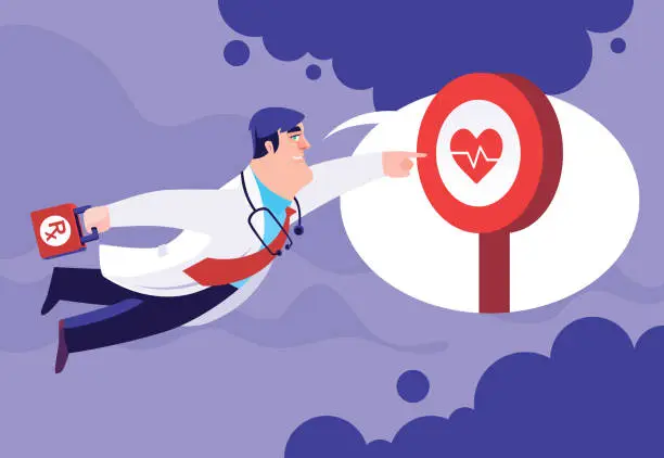 Vector illustration of doctor flying and pointing healthy heart bullseye