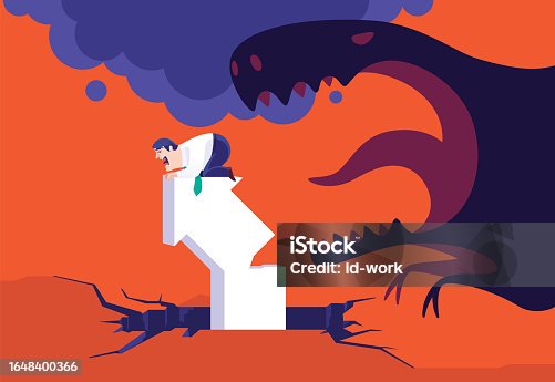 istock businessman holding broken arrow sign on cracked ground and angry dinosaur approaching 1648400366