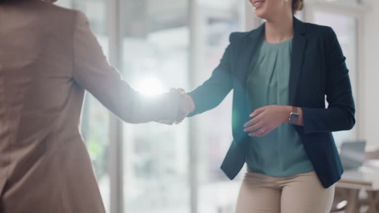 Business woman, handshake and meeting in office for interview, hiring or welcome and introduction. People or employees shaking hands in greeting, recruiting or b2b deal and agreement at the workplace