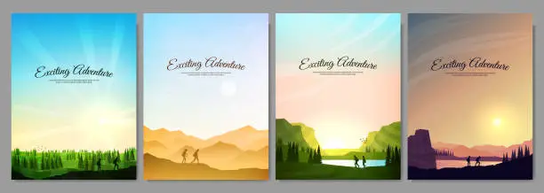 Vector illustration of Vector illustration. Travel concept of discovering, exploring and observing nature. Hiking. Adventure tourism. Couple hikes together. Polygonal flat design for poster, magazine, book cover, brochure