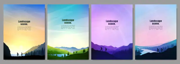 Vector illustration of Vector illustration. Travel concept of discovering, exploring and observing nature. Hiking. Adventure tourism. Couple hikes together. Polygonal flat design for poster, magazine, book cover, flyer