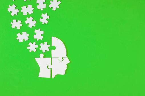 Puzzle head with jigsaw puzzle pieces on green background