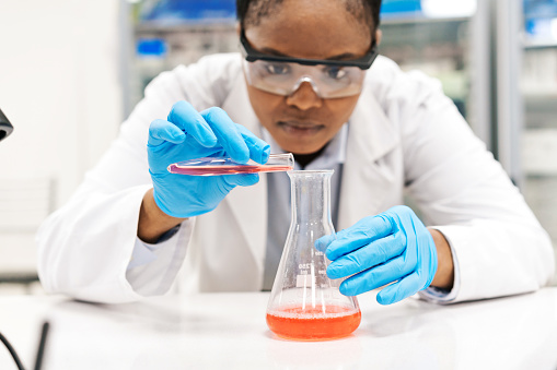 Focused female scientist pouring chemical in beaker while working at laboratory