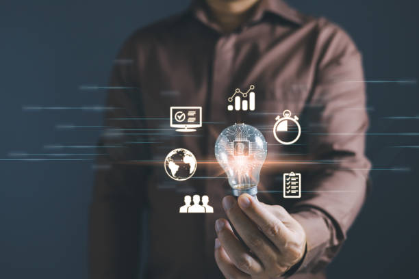 person hand holding power lightbulb and pretend to think, inspiration, creativity and imagination concept, innovation technology success business. Digital transformation. Ai technology.