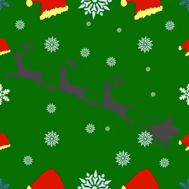 Vector illustration of vector of seamless pattern Santa Claus with reindeer and sleigh preparing to deliver gifts to children. On a green background, snowflakes and a red Santa hat.