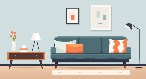stockillustraties, clipart, cartoons en iconen met living room interior in flat style. - binnenopname