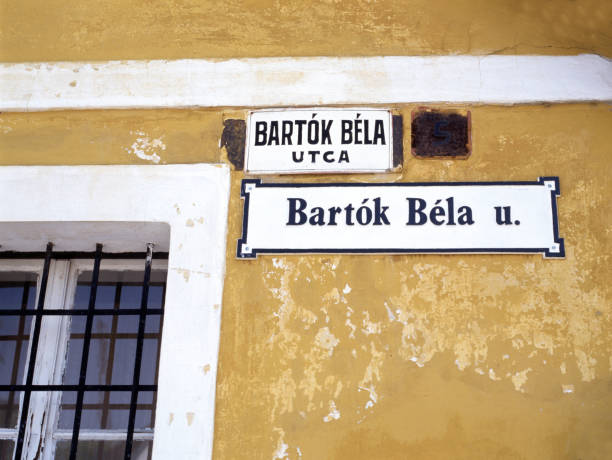 Old Bela Bartok, composer and musician,  street nameplate on ancient yellow wall in Budapest, Hungary