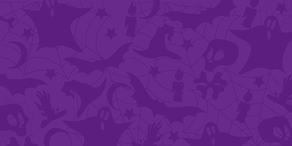 Background Halloween with Fancy Elements Spider Web, Candles, Bats, Hand with Blood, Witch Hat, Skull with Bone. Halloween Elements on Purple Background. Website Spooky, Background or Banner