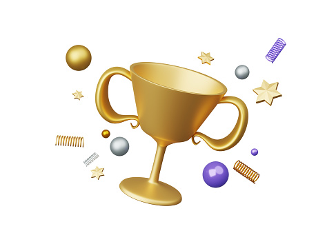 3d render, Golden Trophy champion cup isolated on white background, winner cup, business concept, winning prize for celebration in cartoon style, champion reward prize.