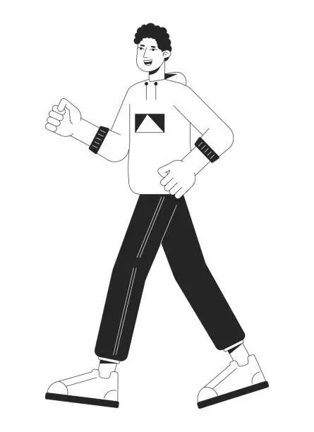 Vector illustration of Happy man walking flat line black white vector character