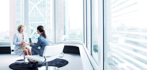 Portrait of elegant Financial advisor in the office wearing a monochrome full suit working on laptop