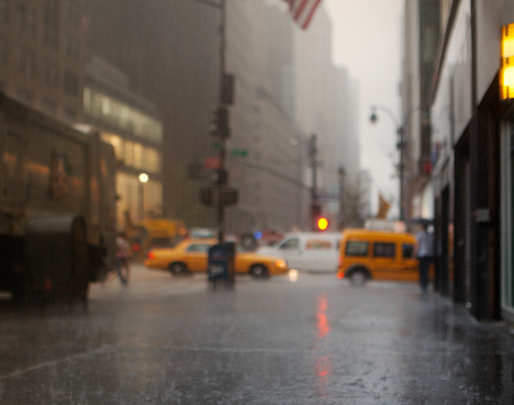 New York, USA - October 29, 2023: Street scene in Manhattan, rainy day in New York.