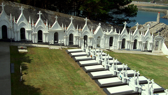 Beautiful white cemetery by the sea, architecture