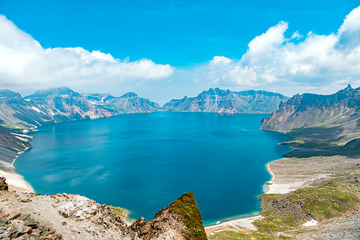Tianchi Lake in Paektu Mountain on the border of southeast China is a Volcanic crater lake formed by volcanic eruption.