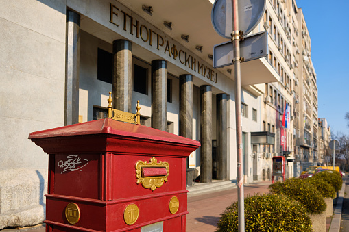 Historic red mail box in front of Ethnographic Museum, Belgrade, Serbia - February 2023