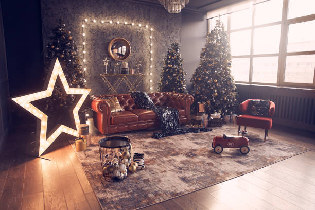 istock A glowing big star in a cozy Christmas interior with a leather sofa. Several Christmas trees decorated with balloons. Against the background of a large window. High quality photo 1648572705