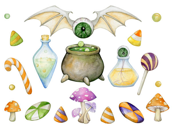 ilustraciones, imágenes clip art, dibujos animados e iconos de stock de ojo, hongos, hongos, hongo, murciélago, caldero con poción, dulces, - witch halloween cauldron bat