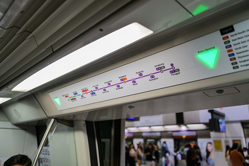 Singapore, Singapore, 08 august 2023: picture of the North East Line of the MRT Network in Singapore. In the picture the description of the line track.