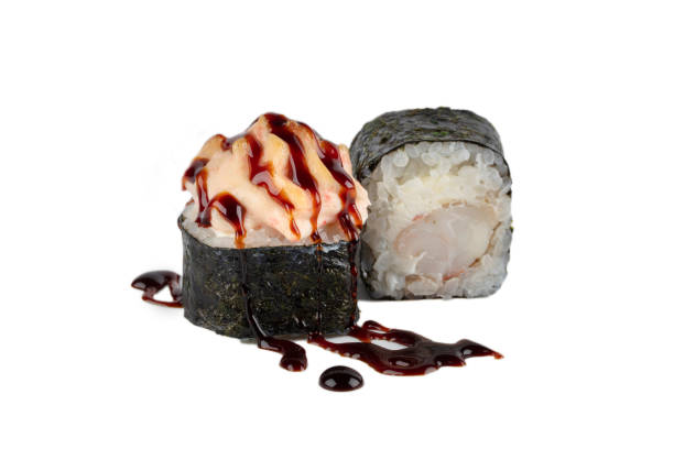 istock Sushi isolated on white background. Baked sushi with soy sauce 1648596589