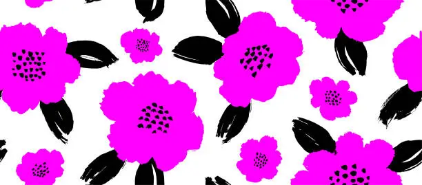 Vector illustration of abstract Flowers and leaves seamless pattern on white background.