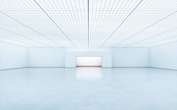 istock Empty white large gallery/showroom interior with ceiling industrial construction and an illuminated central niche 1648608256