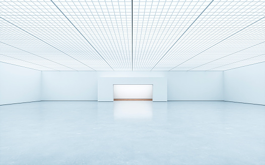 Empty, large gallery/showroom interior with empty white walls, and an illuminated central niche on gray cement tile floor. Large ceiling industrial construction and illuminated by ceiling lights. 3D rendered image.