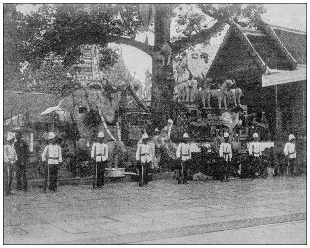 istock Antique image from British magazine: Inauguration of restored temple in Siam (Thailand), King at Wat Chang 1648610171