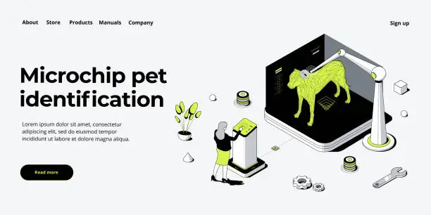 Vector illustration of Pet microchip concept illustration in isometric vector design. Dog or animal tracking chip identification. Id implant scan technology web banner layout.