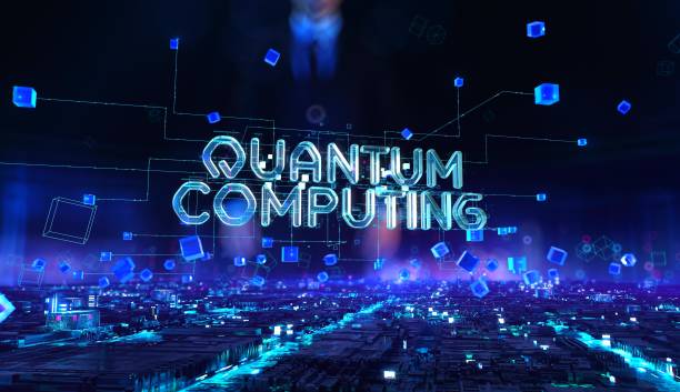 quantencomputer - geschäftsmann, der mit virtueller realität im nachtbüro arbeitet. - quanteninformatik stock-fotos und bilder