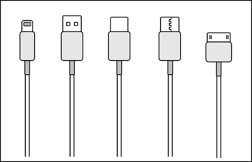 Usb cables,charging wires, Electronic device input cable icons. Cables USB HDMI Type C Lightning Mini Jack Mini B Microfor mobile phone connector plugs