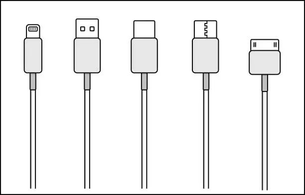 Vector illustration of Usb cables,charging wires, Electronic device input cable icons. Cables USB HDMI Type C Lightning Mini Jack Mini B Microfor mobile phone connector plugs