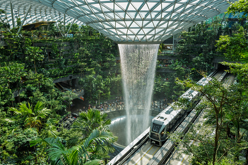 Singapore 06 August 2023: Rain Vortex; the largest indoor waterfall in the world located inside the Jewel in Changi Airport.