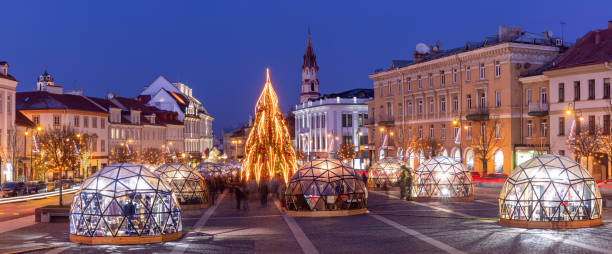 Christmas tree in Vilnius square at night. stock photo