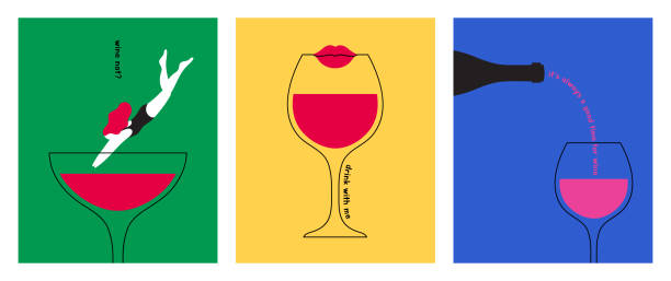 추상 와인 병 포스터 세트입니다. 유리에 뛰어드는 여자 캐릭터. 와인 애호가 개념입니다. 레스토랑 메뉴, 초대장, 이벤트, 축제, 시식. 화려한 현대 타이포그래피 배경입니다. 트렌디한 스타일 � - drink alcohol contemporary symbol stock illustrations