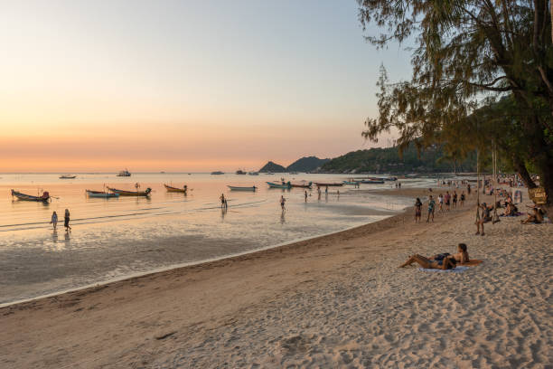 la gente camina por la orilla y descansa en la playa de arena de sairee y observa la puesta de sol - thailand beach koh tao nautical vessel fotografías e imágenes de stock