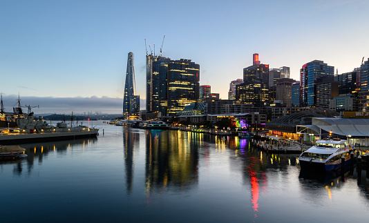 Wide  blue twilight view of building around Darling Harbour, Sydney, Australia