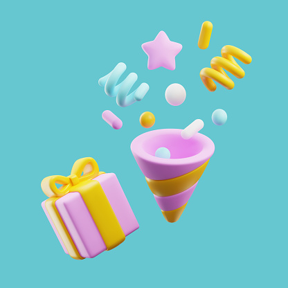 3d party popper with confetti, serpentine. Flying pink gift boxes with yellow ribbon bow. 3D render party colorful firecracker elements. Realistic vector present holiday surprise, birthday celebration