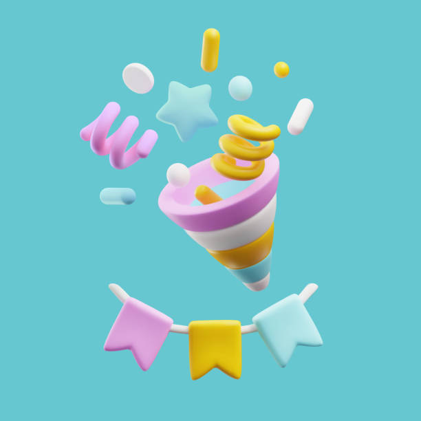 istock Party popper with confetti and colorful garland in cute 3d style, vector illustration on blue background. 1648672003