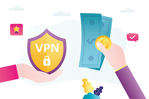 Payment for high quality VPN service. Hand holds shield with VPN to protect personal data. Virtual Private Network. Service for changing location of ip address. Secure network connection, privacy.