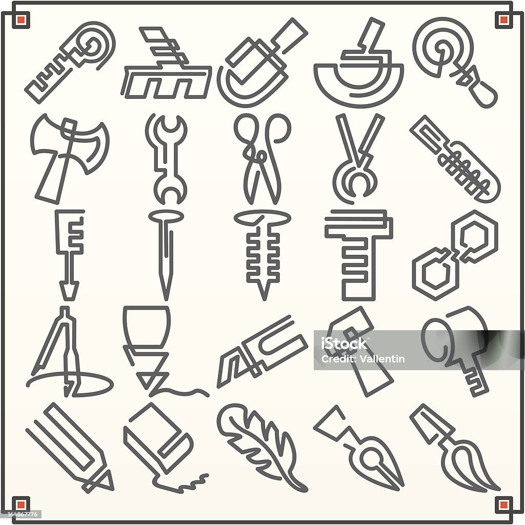 Continuous Line Icons: Tools (Vector) "A set of 25 vector icons of tool objects, where each icon is drawn with a single meandering line." Abstract stock vector